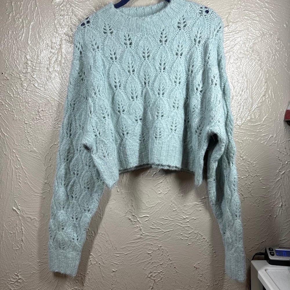 Topshop Open Knit Blue Green Dolman Sleeve Stretch Crop Sweater Size‎ 12